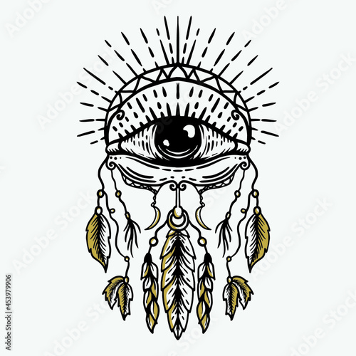 Hand drawn illustration of all seeing eye with ethnic feathers