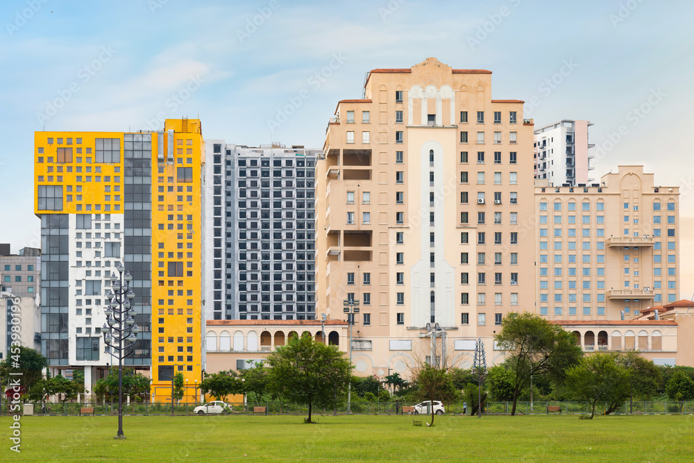 Commercial and residential high rise buildings with view of city park at Rajarhat area of Kolkata, India