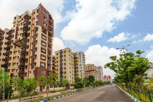 High rise residential apartment buildings with city road at Kolkata India