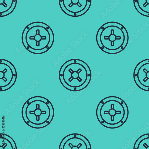 Black line Safe icon isolated seamless pattern on green background. The door safe a bank vault with a combination lock. Reliable Data Protection. Vector