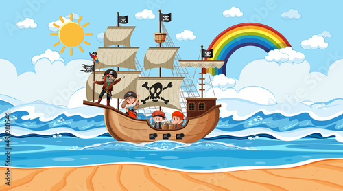 Beach with Pirate ship at daytime scene in cartoon style
