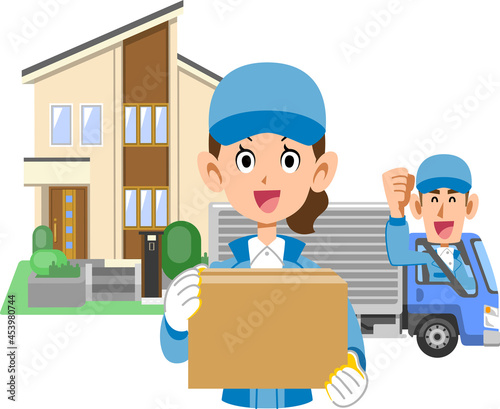 住宅とトラックと引越し業者の男女
