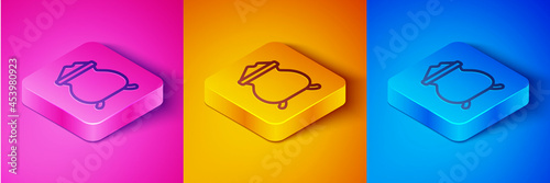 Isometric line Molten gold being poured icon isolated on pink and orange, blue background. Molten metal poured from ladle. Square button. Vector
