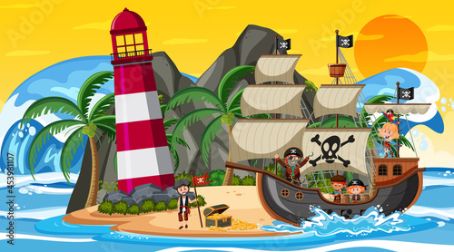 Ocean with Pirate ship at sunset scene in cartoon style