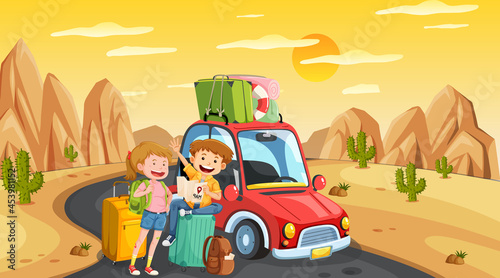 Desert at sunset time scene with a couple traveller