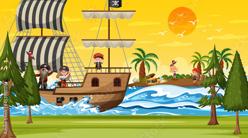 Treasure Island scene at sunset time with Pirate kids on the ship