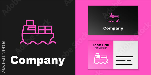 Pink line Cargo ship with boxes delivery service icon isolated on black background. Delivery, transportation. Freighter with parcels, boxes, goods. Logo design template element. Vector