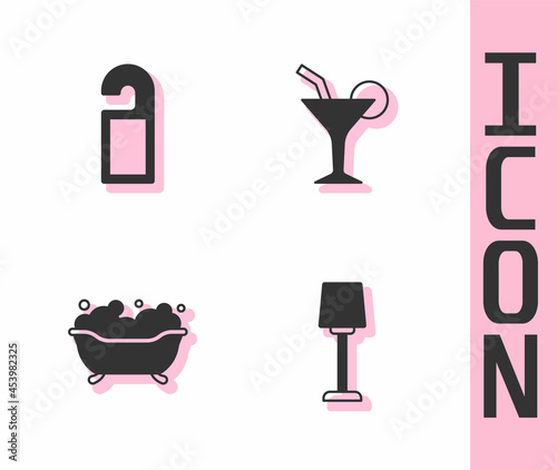Set Table lamp, Please do not disturb, Bathtub and Cocktail icon. Vector