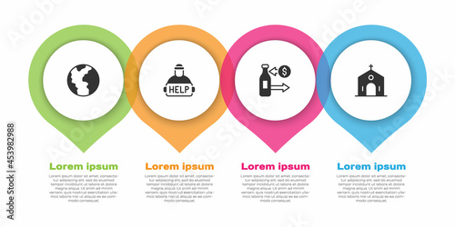 Set Global economic crisis, Help homeless, Reception of glass bottles and Church building. Business infographic template. Vector