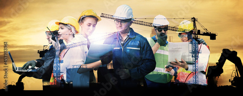 Double exposure of engineer standing orders for construction crews to work on high ground heavy industry and safety concept