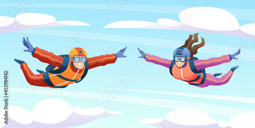 Man and woman skydiving in the sky. Couple doing parachute skydiving illustration