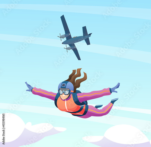 Female skydiver jumps from the plane and skydiving in the sky illustration