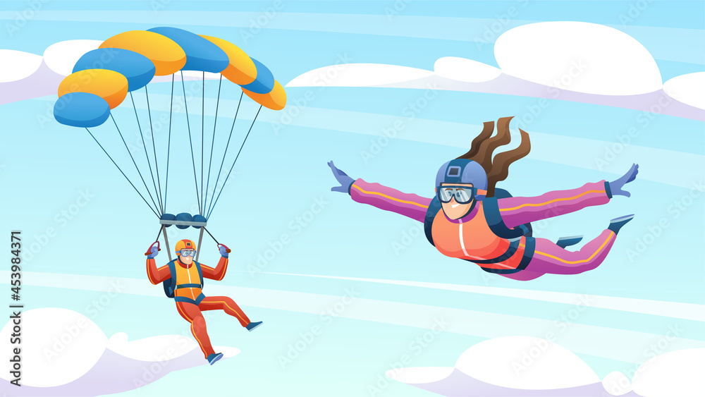 People skydiving and parachuting in the sky cartoon illustration People skydiving and parachuting in the sky cartoon illustration