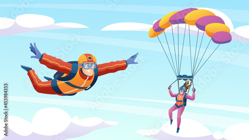 People skydiving and parachuting in the sky illustration