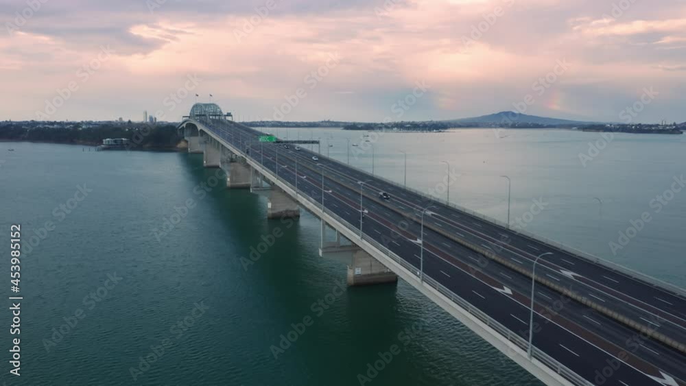 Aerial: Auckland harbour bridge rush hour traffic during Covid 19 Delta variant, August 2021, New Zealand Aerial: Auckland harbour bridge rush hour traffic during Covid 19 Delta variant, August 2021, New Zealand