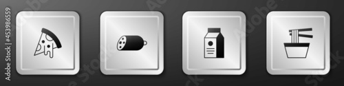 Set Slice of pizza, Salami sausage, aper package for milk and Asian noodles in bowl icon. Silver square button. Vector