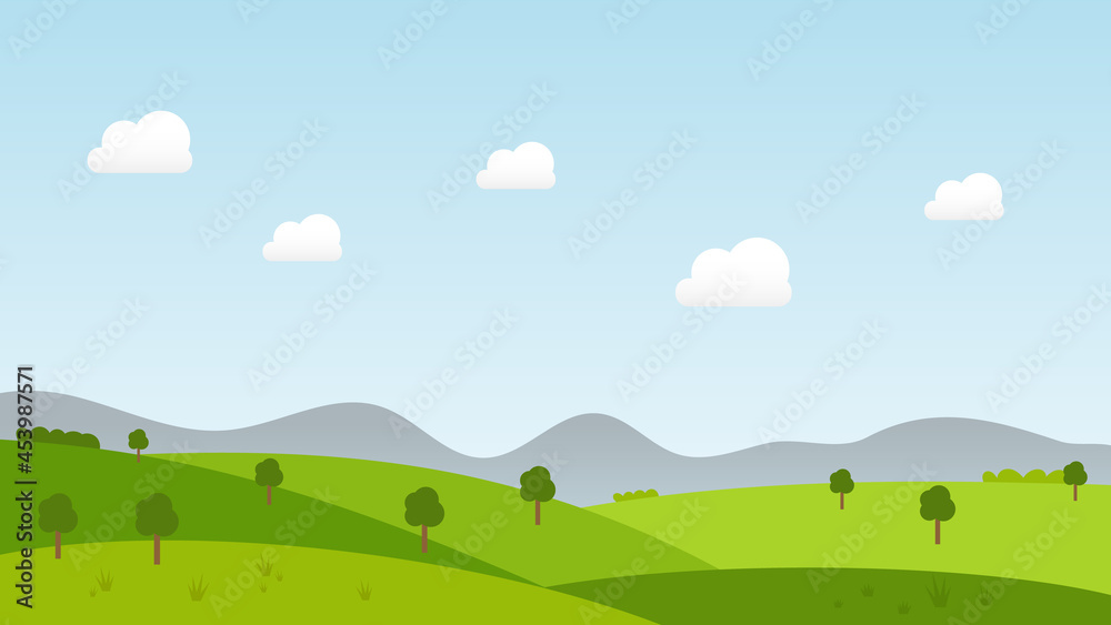 landscape cartoon scene with green trees on hills and summer blue sky with white cloud background