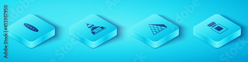 Set Isometric French baguette bread, Museum building, Perfume and Louvre glass pyramid icon. Vector