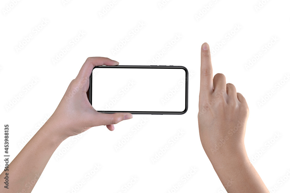 Women hand holding, scrolling black smartphone isolated on white background Women hand holding, scrolling black smartphone isolated on white background