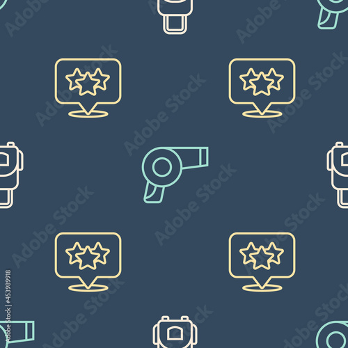 Set line Suitcase, Stars rating and Hair dryer on seamless pattern. Vector
