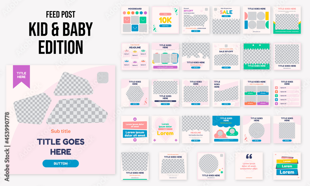 Set of editable social media instagram post kids, baby & toys with playful design vector template ai & eps 10