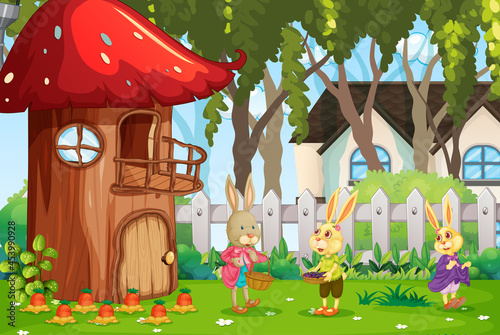 Outdoor scene with happy rabbit family in the garden