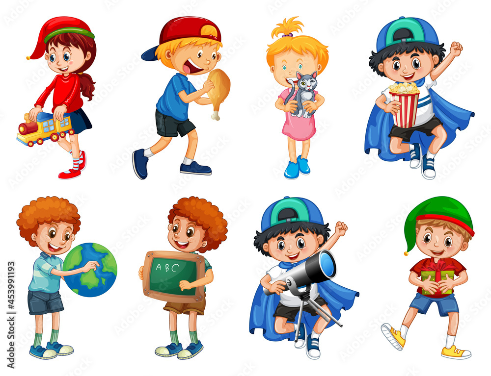 Set of different kid playing with their toys cartoon character isolated on white background