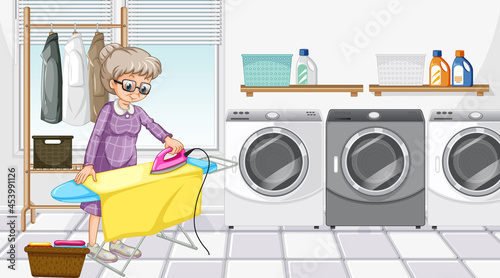 Laundry room scene with an old woman ironing her clothes