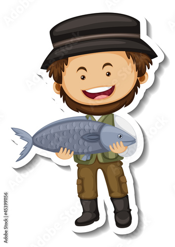 Sticker template with a fish seller man cartoon character isolated