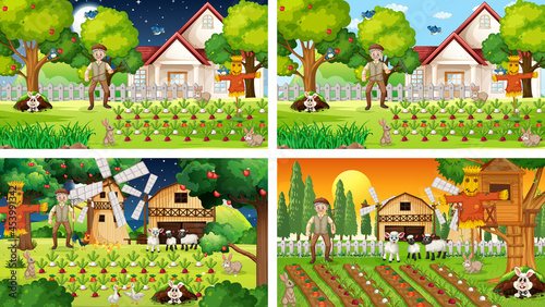 Different farm scenes with old farmer and animal cartoon character