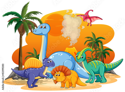 Many cute dinosaurs character in prehistoric land isolated