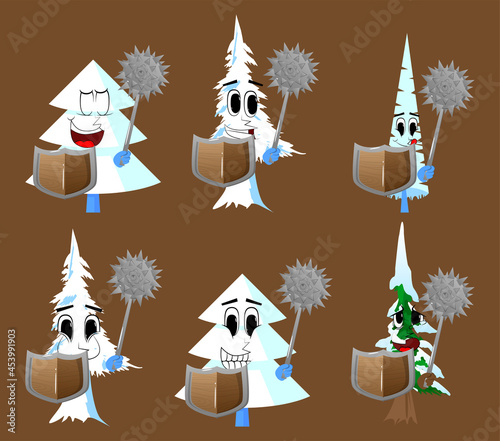 Cartoon winter pine trees with faces holding a spiked mace and shield. Cute forest trees. Snow on pine cartoon character, funny holiday vector illustration.