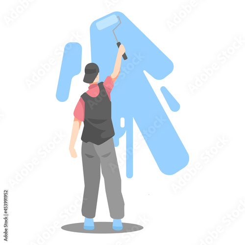illustration of a young boy painting and mural the wall. paint roller and blue paint. suitable for decorating themes, art, hobbies, artists, activities etc. flat vector design