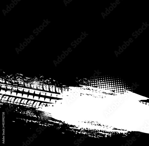 Grunge offroad tire tracks vector background with dirty car wheel tyre prints. Rubber tread marks or tire traces with black and white halftone pattern, dirt track racing and offroad background design