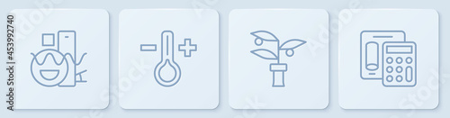 Set line Basic geometric shapes, Plant breeding, Thermometer and Calculator. White square button. Vector