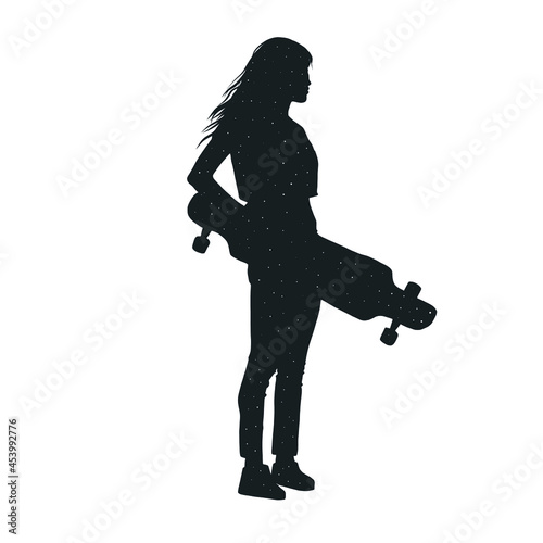 Magic spiritual silhouette woman with skateboard. Girl with stars. Space. Activity lifestyle. Extreme. Hand drawn art. 