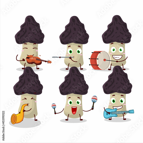 Cartoon character of gyromitra playing some musical instruments