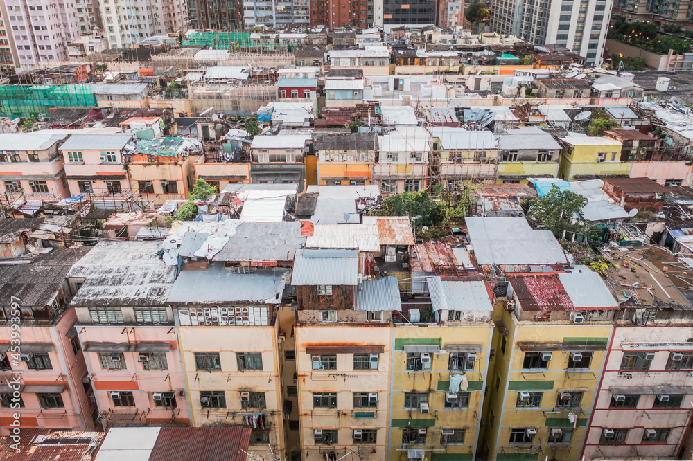 Amazing Colorful messy rooftop on dense residential house in Kowloon, Hong Kong Amazing Colorful messy rooftop on dense residential house in Kowloon, Hong Kong