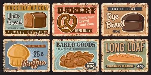 Bakery bread and pastry plates of rusty metal with baked loafs and sweets, vector vintage posters. Bakery shop baked food products, wheat or wholegrain long loaf, muffin cakes and pretzel price cards