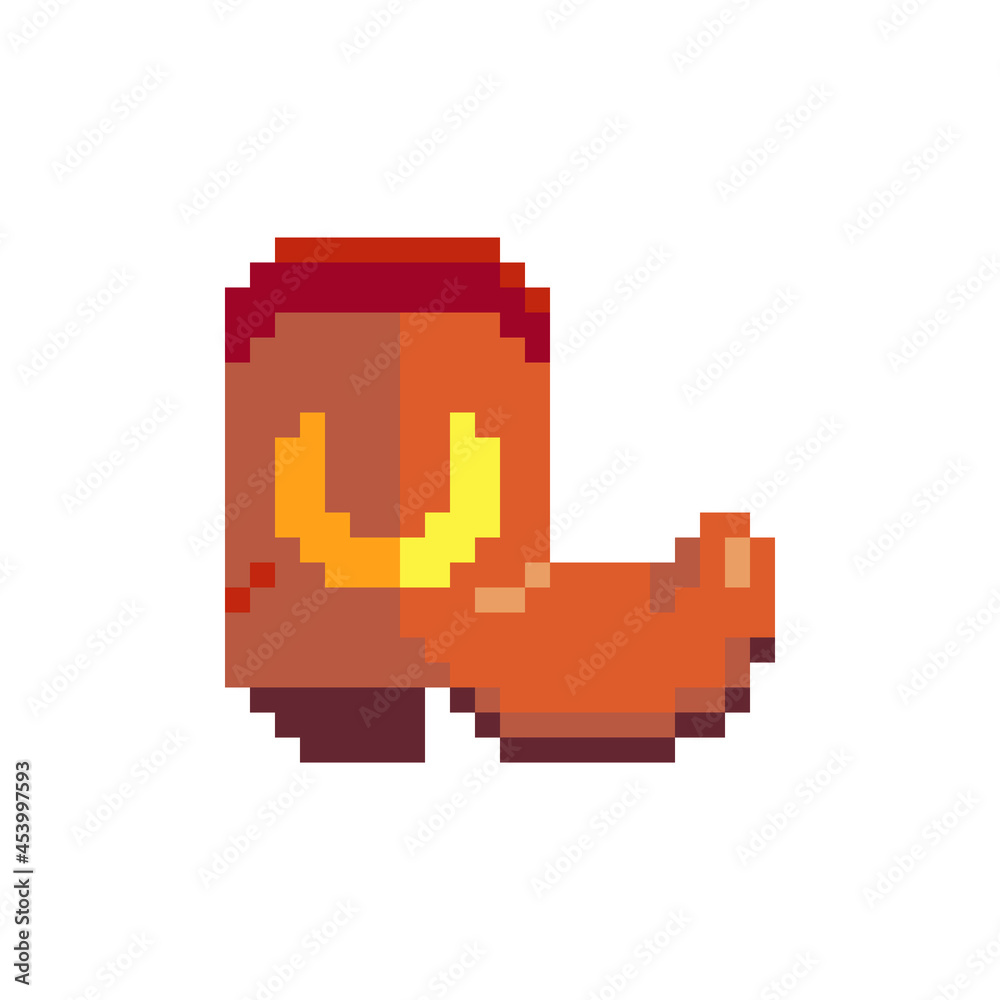 Cowboy boot. Pixel art icon. 8-bit. Sticker design. Game assets. Isolated vector illustration.