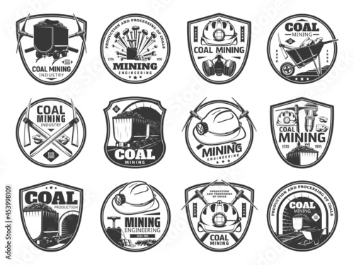 Coal mining icons. Mining industry, fossil fuel production and mining engineering vintage symbols or vector badges with miner pickaxe, hard hat helmet and gas mask, jackhammer, mine cart with coal