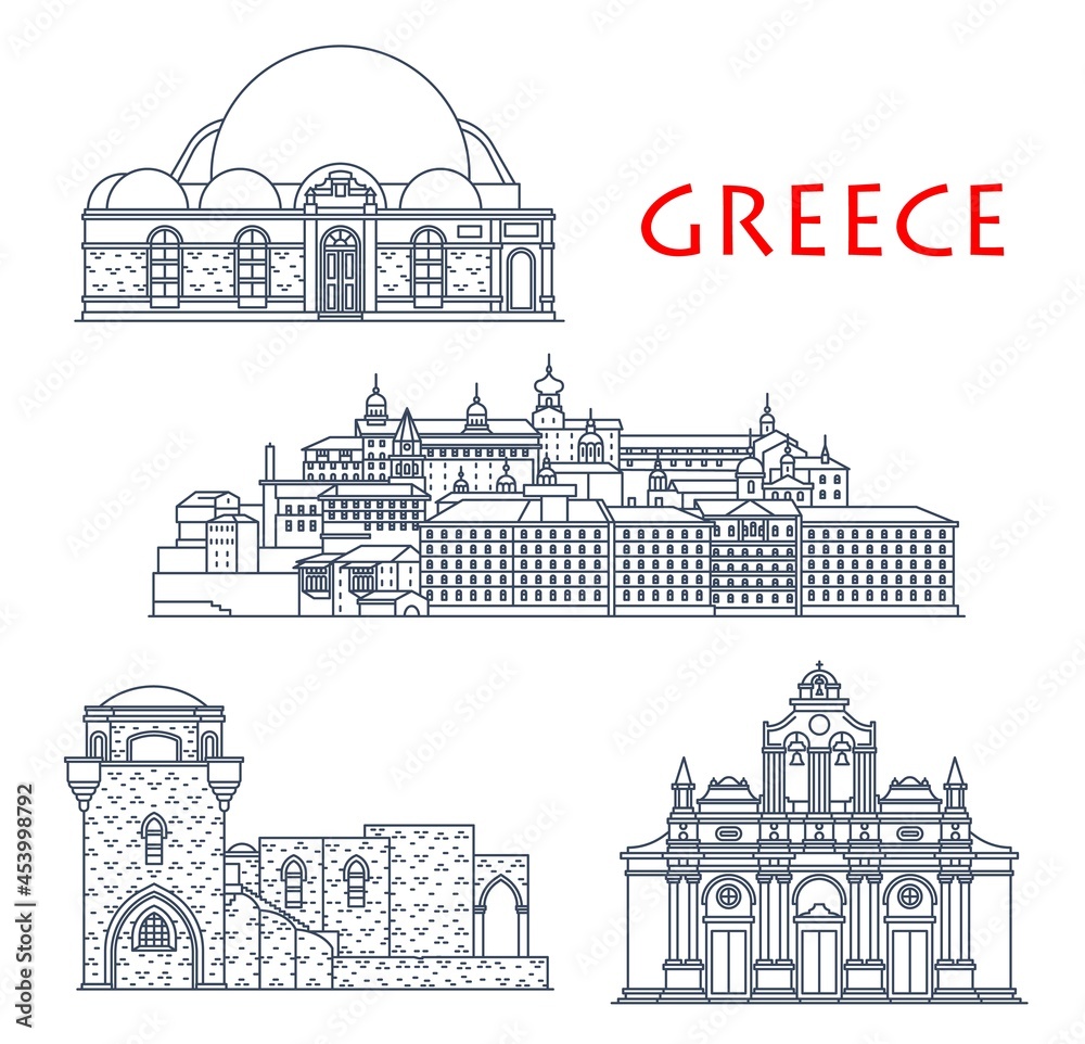 Greece architecture, antique Greek buildings and travel landmarks, vector icons. Greece building of Filerimos and Arkadi Monastery in Rhodes and Crete, Hassan Pascha Mosque and St Panteleimon Rossikon