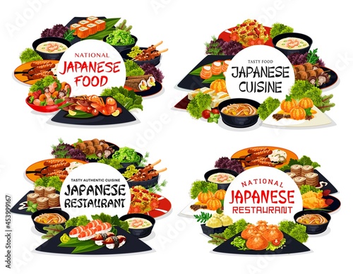 Japanese cuisine restaurant food round banners. uramaki, temaki and nigiri sushi, philadelphia roll, yakitori and kenko yaki, sweets with tangerines, shrimps soup and mandarin in syrup, kebab vector