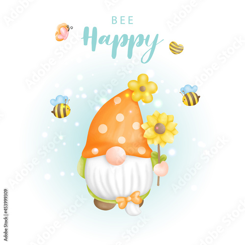 Bee happy with cute gnome and bees, Digital paint vector illustration.