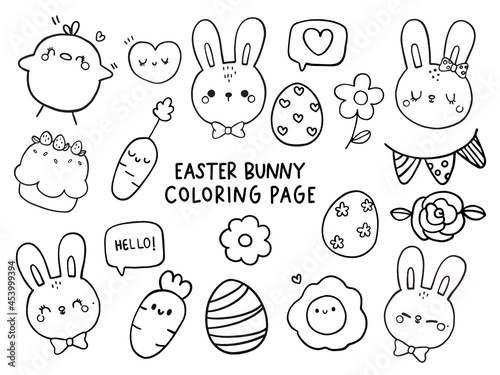 Happy Easter day with rabbit coloring page. Vector illustration
