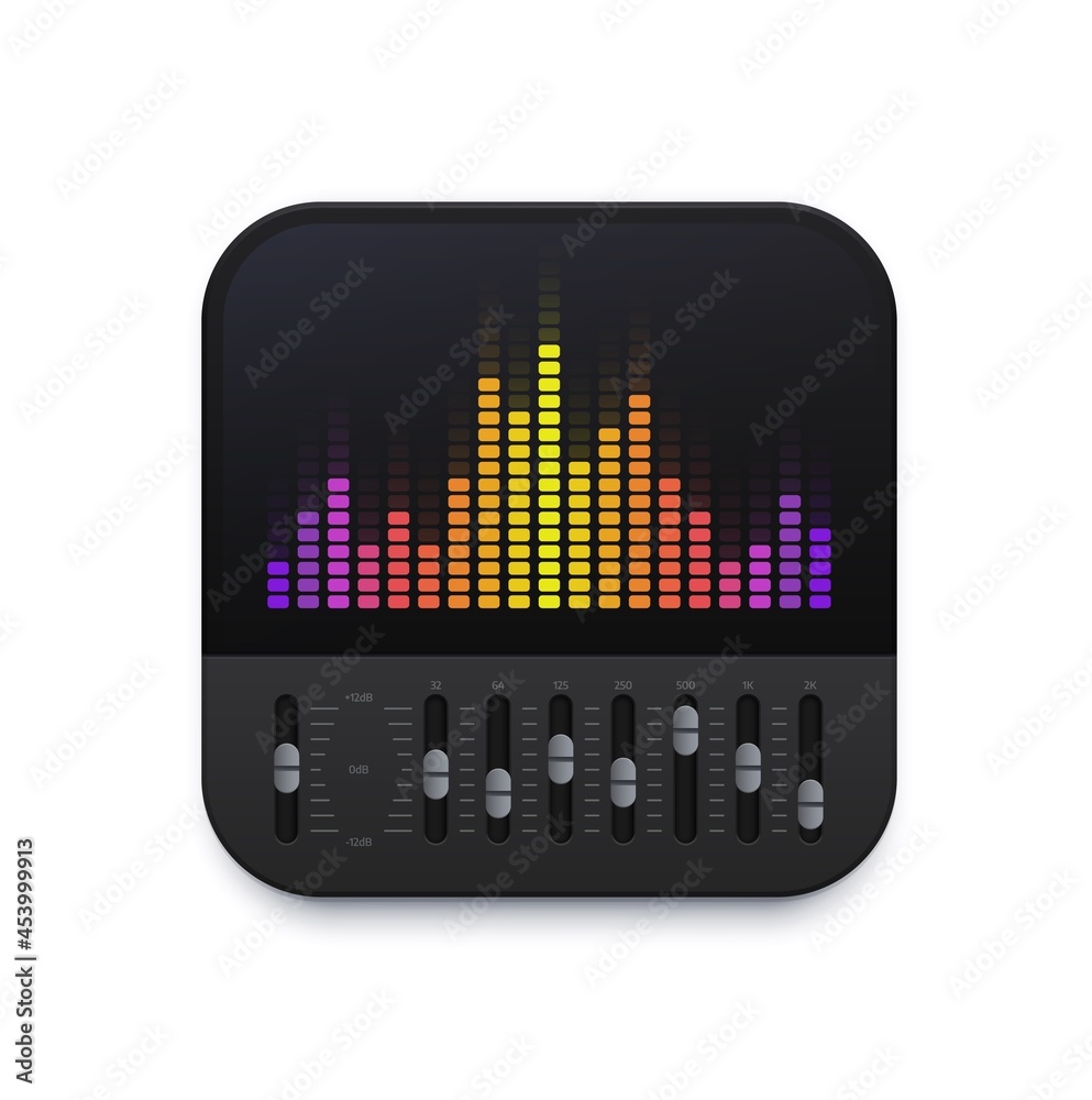 Music sound equalizer interface icon, vector audio wave app of DJ song  mixer. Music sound equalizer icon for podcast or radio volume bass and  record or digital player tuner application Stock Vector