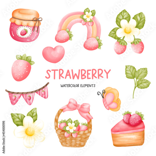 Digital painting watercolor strawberry element. 