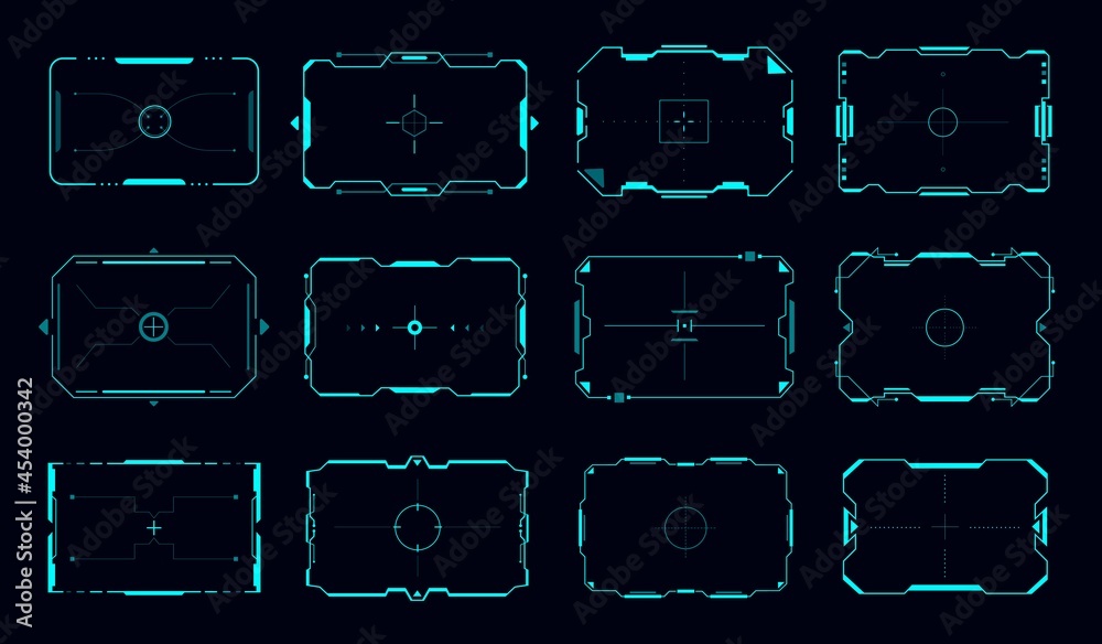 HUD target frames and aim control panel vector borders, Sci Fi game