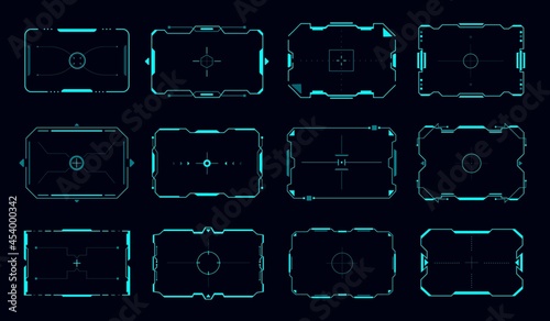 HUD target frames and aim control panel vector borders, Sci Fi game user interface or gui. Futuristic digital head up display target screen frame with blue neon borders and aiming crosshairs