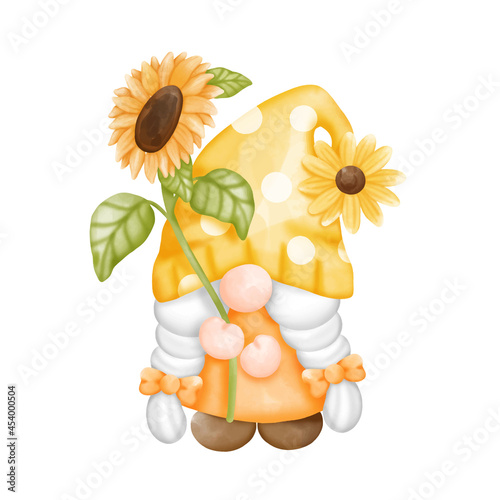 Digital paint watercolor sunflower gnomes isolated on white background. Cute gnome spring season greeting card. 